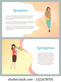 Springtime posters set, pretty girl in fashion cloth with white tulip cartoon characters. Vector woman with present on 8 March or birthday party, females