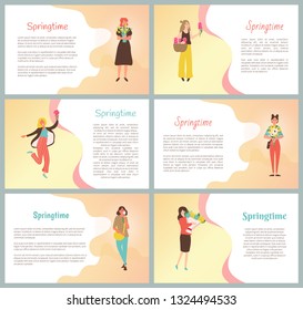 Springtime posters, women holding bouquets. Girls embracing flavor, females with flowers, element of decoration. 8 March greetings vector cards, text sample