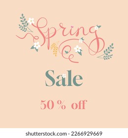 Springtime sale - 50 % off discount. Spring sale Promotional background with colorful flowers for spring. Can be used for the template, banners, flyers,  posters