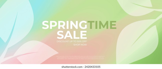 Springtime Sale banner. Springtime season commercial background with blurred colors and spring leaves for business, seasonal shopping promotion and sale advertising. Vector illustration.