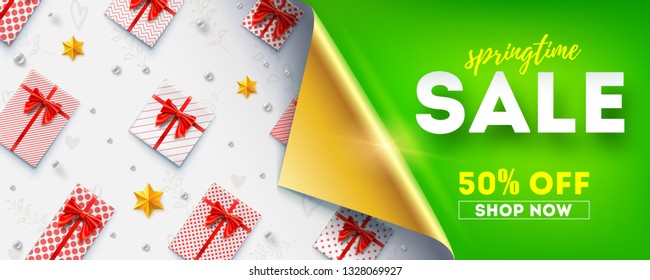 Springtime sale, shopping now. Get up to 50 percent discount. Golden opened bended corners of wrapping paper. Abstract pattern from gift, present boxes, stars and balls on white paper. Modern template