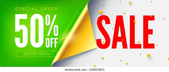 Springtime sale. Special offer, get up to 50 percent discount, shopping now. Golden bended corner of wrapping paper. Abstract pattern from gift, present boxes, stars and balls on white paper