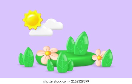 Springtime scene with 3D objects. Green leaves, flowers on the sky background. Cartoon illustration