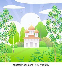 Springtime scene with church, clouds, green trees, reed and flying birds.  Nature background with simple landscape. Vector flat illustration.  