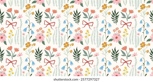 Springtime seamless pattern with beautiful flowers, bluebells and coquette bows, decorative wallpaper in delicate colors, trendy background