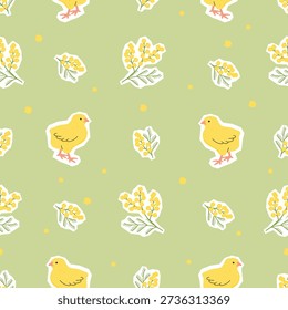 Springtime seamless pattern with cute chick and sprig of tansy. Yellow and green colors. Print with little bird and botanical elements. Vector design for textile, wrapping paper, endless wallpaper.
