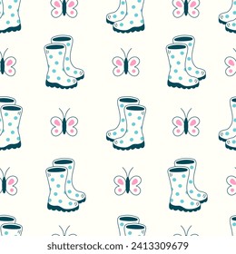 Springtime seamless pattern in doodle style. Colorful hand drawn background with rubber boots and butterflies. Cute repeat vector illustration for summertime, gardening, children