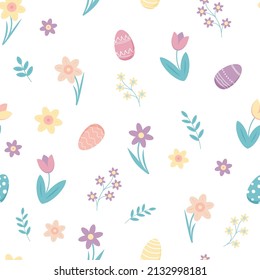 Springtime seamless pattern for Easter with tulips, daffodils and narcissus flowers, butterfly, watering can over white background. Vector illustration.