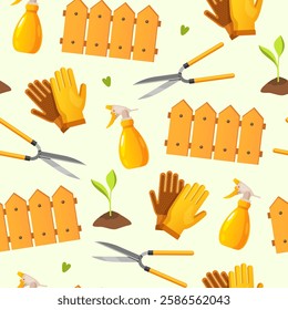 Springtime seamless pattern with gardening tools includes gloves, water spray bottle, fence, scissors etc.