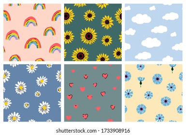 Springtime seamless patterns with rainbows and daisy flowers, sunflowers and white clouds on blue sky. Vector hearts and squarrose knapweeds. Spring blossoms and good weathers signs