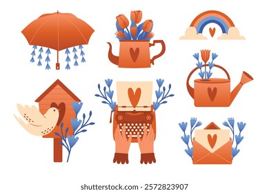 Springtime. Set of isolated cliparts with birdhouse, whire bird, umbrella, teapot, typewriter, rainbow, envelope with love letter, watering can, rainbow. Spring plants and flowers, bouquet of tulips.