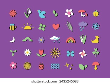 Springtime set. Playful cute childlike designs in neobrutalism flat style. Isolated editable elements, removable shadows