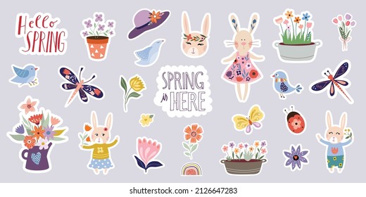 Springtime stickers collection with decorative seasonal elements and hand lettering, floral design