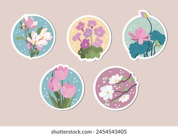 Springtime stickers collection. Flat vector composition.