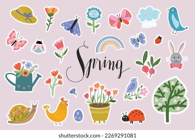 Springtime stickers collection with specific decorative elements and hand lettering, vector design