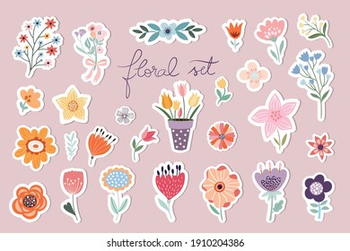 Springtime stickers, magnets collection with decorative floral design