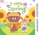 Springtime Stroll with Cute Bear and Bunny in a Sunflower Field. Adorable Bear and Bunny Walking Among Sunflowers