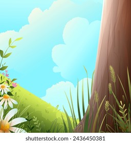 Springtime or summer landscape scenery with big tree and daisy flowers on green grass lawn. Sunny summer fairy tale park. Vector forest nature background illustration in watercolor style.