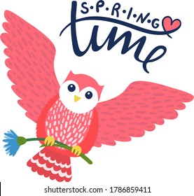 Springtime text font quote, cute wild owl character flying and carry spring flower isolated on white, flat vector illustration. Design woodland bird blossom mood, filin hold floret.