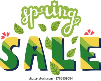 Springtime text font type quote floret, spring advertising banner isolated on white, flat vector illustration. Design concept ads blossom mood, seasonal discount sale with decorative leaf.