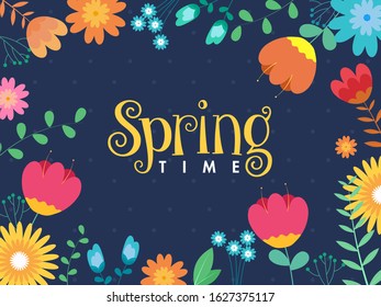 Springtime Text on Blue Background Decorated with Colorful Flowers and Leaves.