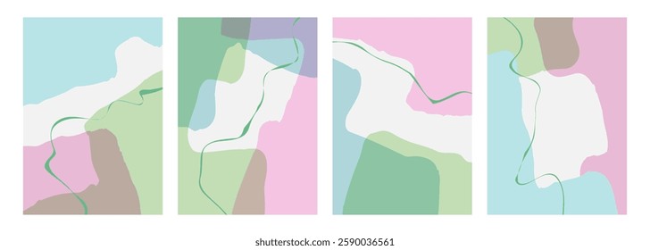 Springtime theme abstract backgrounds with various curved soft colored shapes and green bent lines for Spring season creative graphic design. Vector illustration.