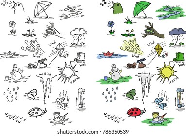 Springtime theme. Black and white and color set of hand drawn doodles.