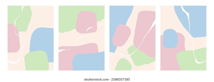 Springtime theme colors. Abstract backgrounds with various curved soft colored shapes and white bent lines for Spring season creative graphic design. Vector illustration.