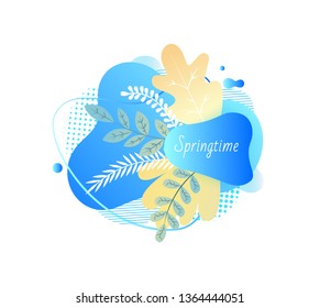 Springtime vector, branches with foliage, spring blooming floral decoration blue isolated banner with inscription, foliage and frontage flat style