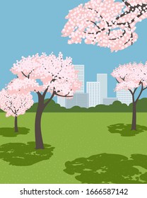 Springtime vector concept. Cherry blossom trees city garden cartoon illustration. Hand drawn flat design. Sakura blossoming on fresh green lawn. Decorative spring season event banner template A4 size