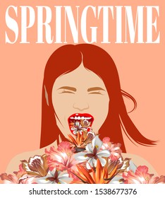 Springtime. Vector hand drawn illustration of screaming girl isolated. Template for card, poster, banner, print for t-shirt, pin, badge, patch.