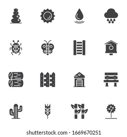 Springtime vector icons set, modern solid symbol collection, filled style pictogram pack. Signs, logo illustration. Set includes icons as ladder, sun, rain, water drop, ladybug, butterfly, tree, wheat