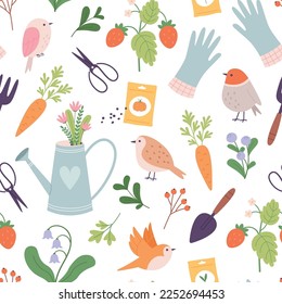 Springtime vector seamless pattern with flat birds and garden tools. Vegetables, seeds and berries. Floral bouquet in watering can, racy vector background