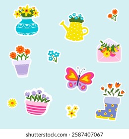 Springtime vector stickers set with flowers, a vase, kettle, butterfly, envelope, flower pot, and basket. Cute vector illustration for tags, sticker kits, scrapbooking, greeting cards, poster