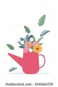 Springtime Vector template for postcards and posters in flat design Garden flowers and wildflowers in bouquet in watering can on dotted white background