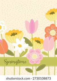  Springtime vertical card, book cover, seasonal background, floral modern, flat vector illustration
