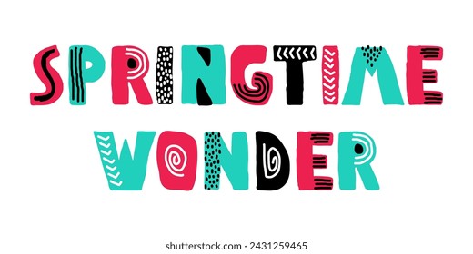 Springtime wonder lettering isolated on white background. Hand drawn inscription for spring banner, card, poster. invitation of seasonal spring holidays decor. Text in doodle scandinavian style