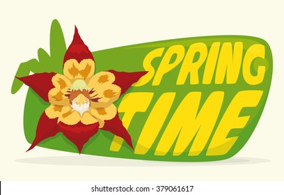Springtime in a yellow text on green sign and red beauty orchid and some leaves in cartoon style.