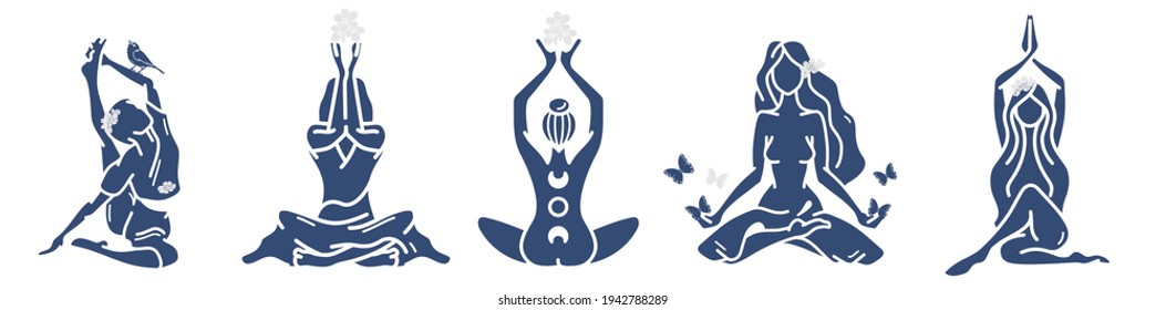 Springtime is yoga time. Be healthy. Silhouettes of women practice yoga with spring blossoms, birds, and butterflies. 