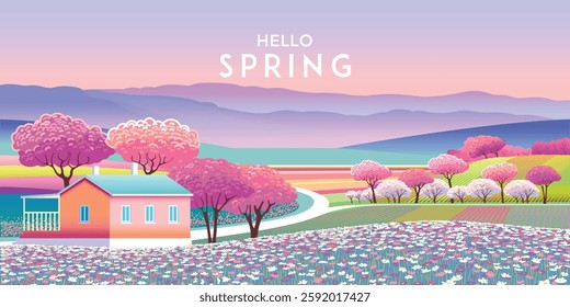 Springtime's poster. Handmade drawing vector illustration of countryside nature, cherry blossom trees, farms and houses, fields and lawns, hills. Doodle cartoon bright fantasy style.