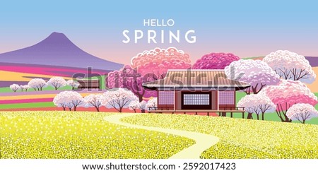 Springtime's poster. Handmade drawing vector illustration of countryside nature, japanese cottage, cherry blossom trees, farms, fields and lawns, hills, mountain. Doodle cartoon bright fantasy style.
