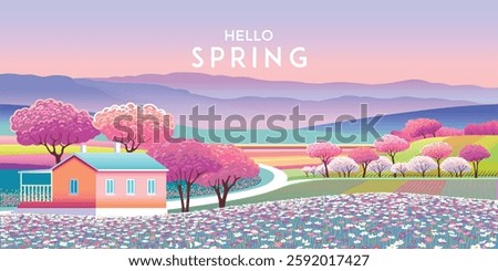 Springtime's poster. Handmade drawing vector illustration of countryside nature, cherry blossom trees, farms and houses, fields and lawns, hills. Doodle cartoon bright fantasy style.