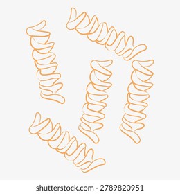 Springy fusilli spirals drawn in lively orange line art, ideal for vibrant pasta salad recipes, playful Italian restaurant menus, packaging and energetic Mediterranean food branding.Vector illustration