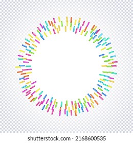 Sprinkle with bright grains of dessert. Round pattern with realistic colorful sweet grains isolated on transparent. Design for holiday designs, party, birthday, invitation. Vector 3d sweet confetti