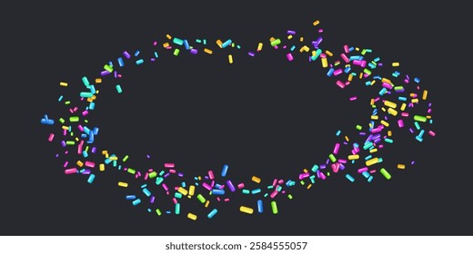 Sprinkle with bright grains of dessert. Round pattern with realistic colorful sweet grains isolated on black. Design for holiday designs, party, birthday, invitation. Vector 3d sweet confetti