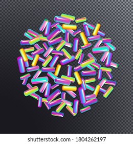 Espolvorear con granos de postres brillantes. Patrón abstracto con granos dulces de color realistas sobre transparente negro. Diseño para diseños de vacaciones, fiesta, cumpleaños, invitación. Vector 3d dulce confetti