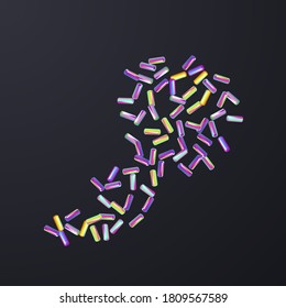 Sprinkle with bright grains of desserts. Abstract pattern with realistic colorful sweet grains isolated on black. Design for holiday designs, party, birthday, invitation. Vector 3d sweet confetti