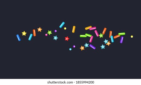 Sprinkle with bright grains of desserts. Abstract pattern with realistic colorful sweet grains isolated on black. Design for holiday designs, party, birthday, invitation. Vector 3d sweet confetti