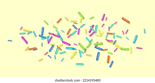 Sprinkle with bright grains of desserts. Abstract pattern with realistic colorful sweet grains isolated on yellow. Design for holiday designs, party, birthday, invitation. Vector 3d sweet confetti