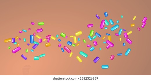 Sprinkle with bright grains of desserts. Abstract pattern with realistic colorful sweet grains in Mocha Mousse color. Design for holiday designs, party, birthday, invitation. Vector 3d sweet confetti